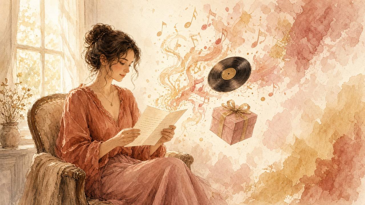 Aquarell: Eine Frau liest einen persönlichen Brief, aus dem Musik aufsteigt